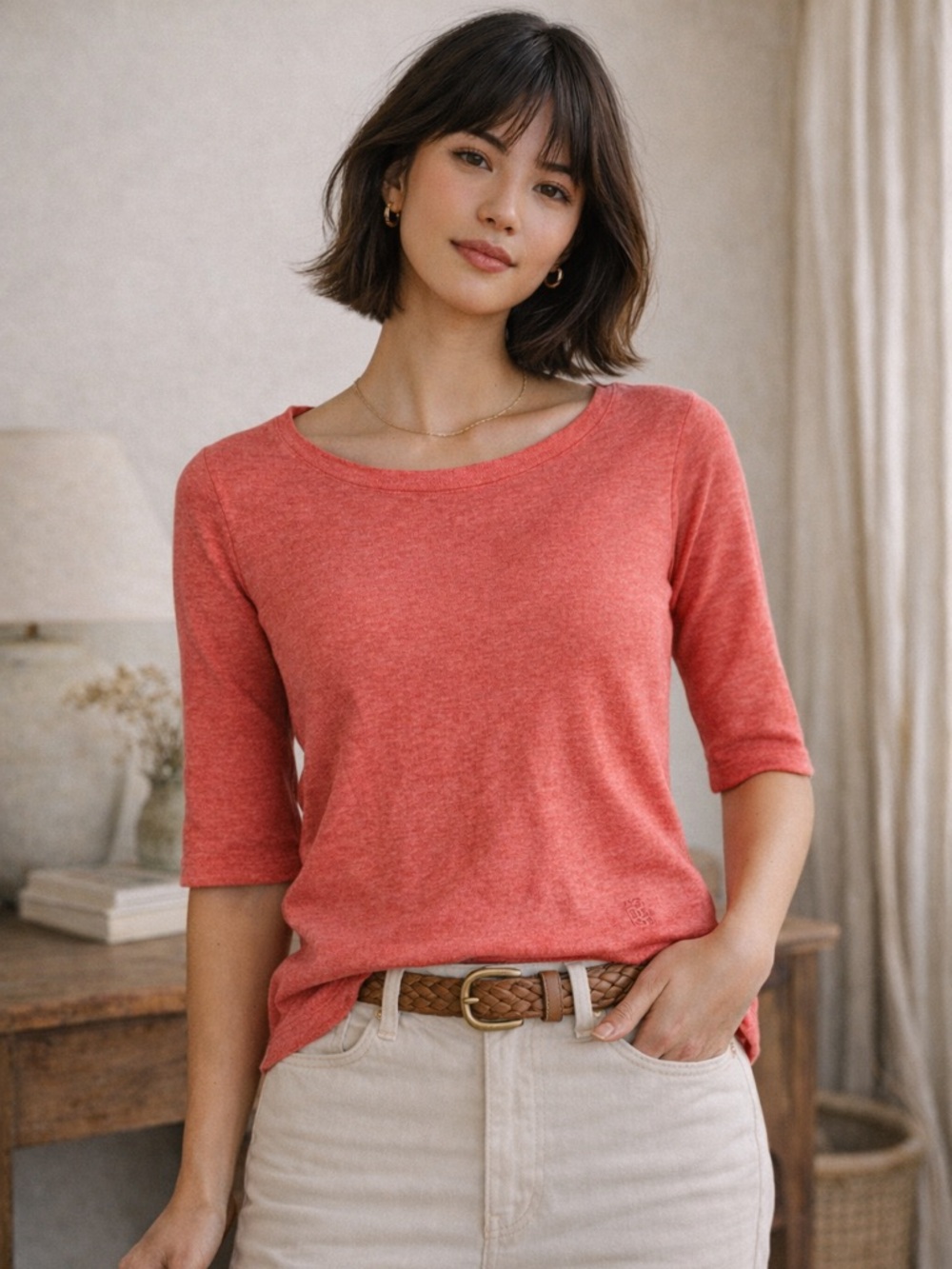 Bellerose Linen Boatneck Tee Coral Red | Size 1 (XS/S) | French Minimalist